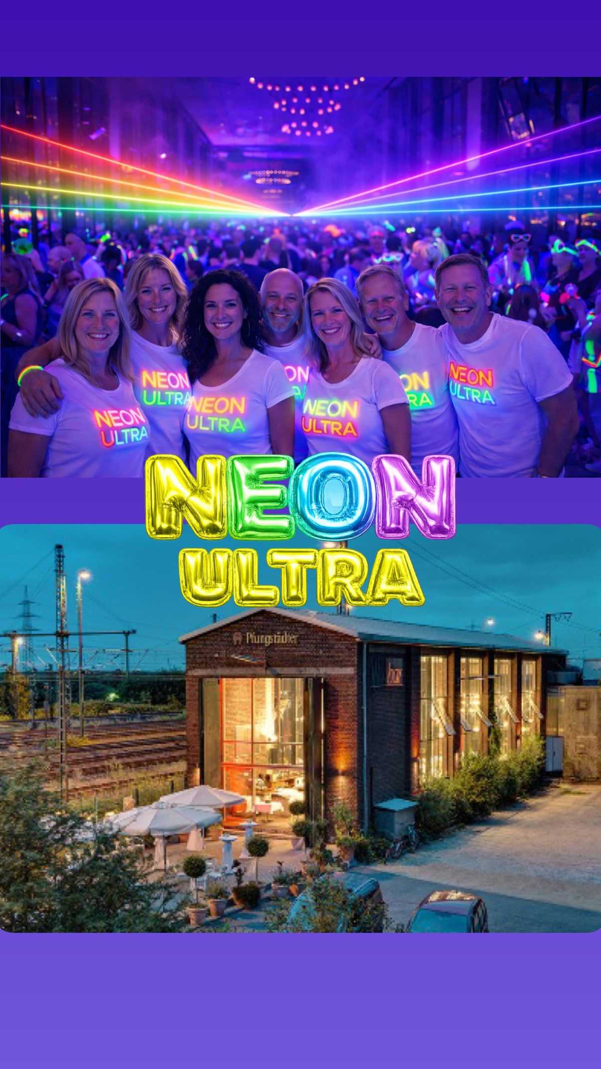 Neon Ultra Party mit feiernden Gästen und farbigen Laserstrahlen